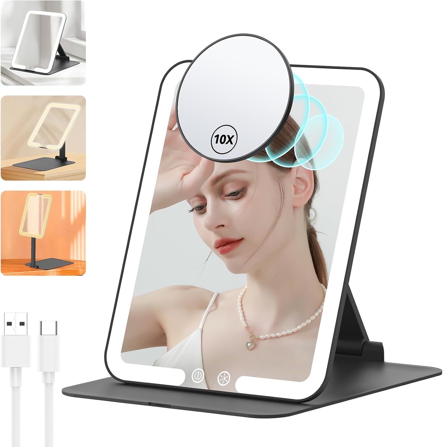 Espejo de maquillaje de viaje recargable con espejo de aumento de 10X, espejo de tocador LED con soporte ajustable portátil, luces regulables de 3