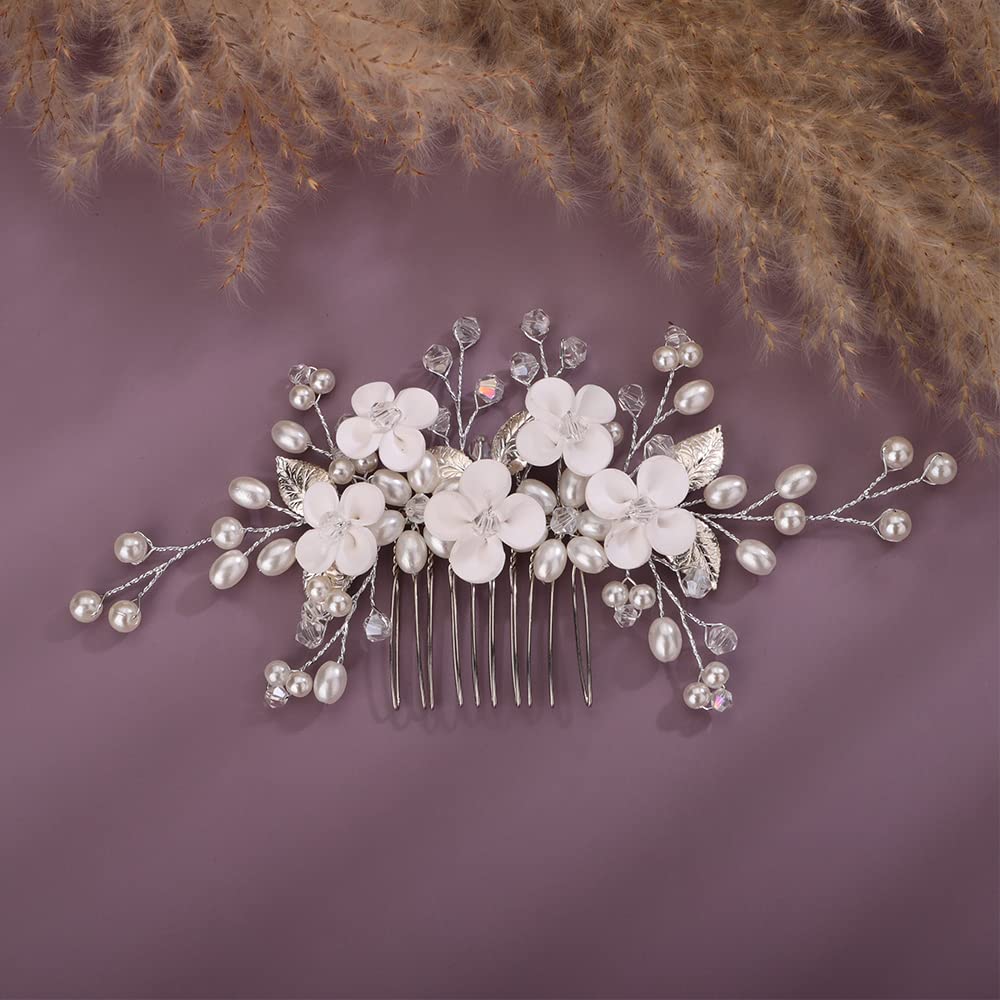 Peine de pelo de boda de flores, hojas de novia, perlas, peine lateral dorado y plateado con perlas de cristal, accesorios para el cabello para