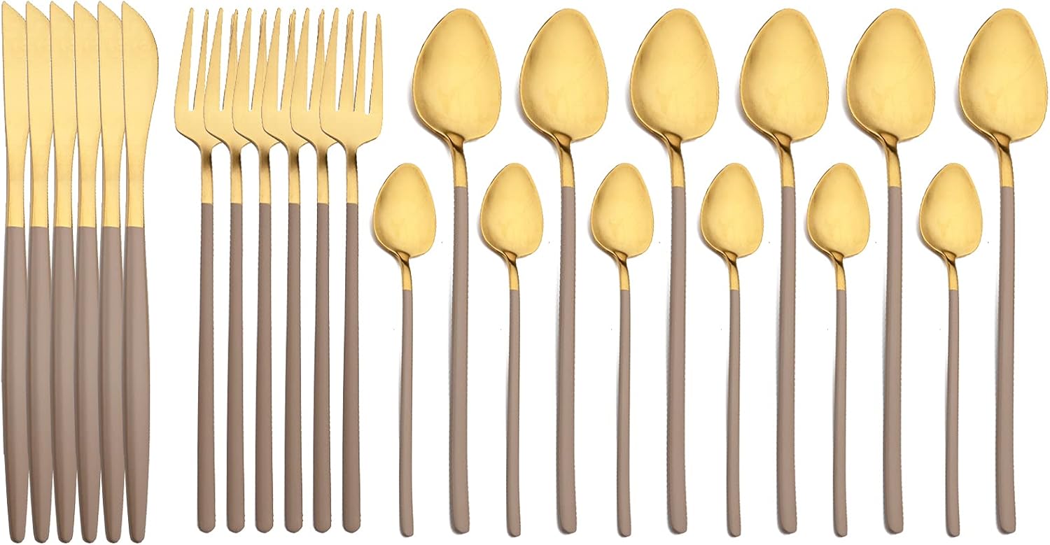JASHII Juego de cubiertos de 24 piezas para 6, cubiertos marrón mate y dorado, incluye cuchillos, tenedores, cucharas, cucharadita de cubiertos de