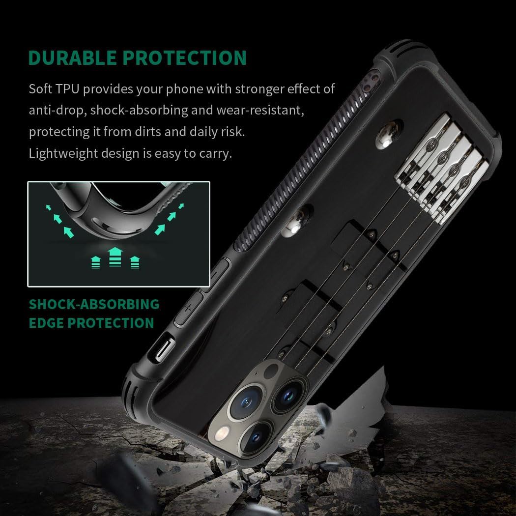 CARLOCA Funda compatible con iPhone 15 Pro, cuerdas de bajo y guitarra, patrón negro, funda para iPhone 15 Pro, ultra protección, a prueba de