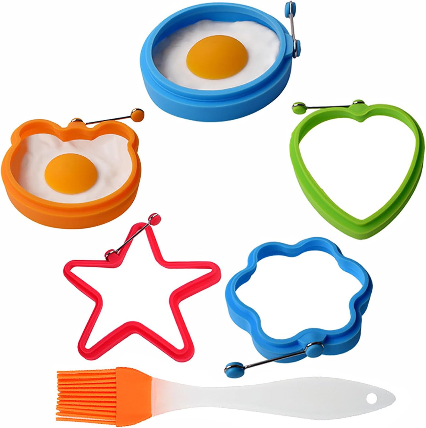 Moldes de silicona para huevos, paquete de 5 moldes reutilizables para huevos fritos con un cepillo de aceite, anillos de cocina antiadherentes,