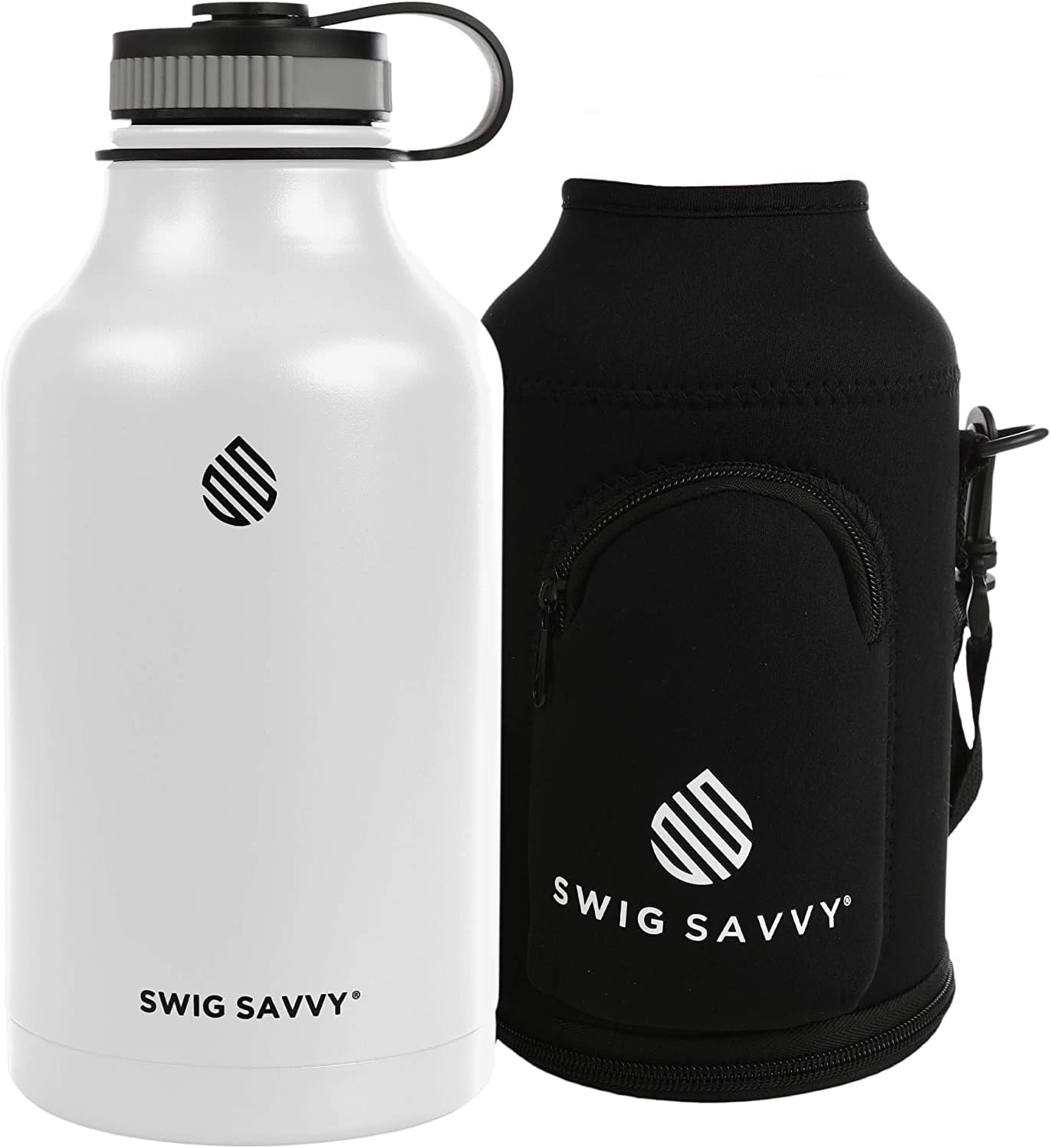 Swig Savvy Botella de agua deportiva de doble pared de acero inoxidable aislada al vacío con funda de almacenamiento, 64 onzas, color blanco