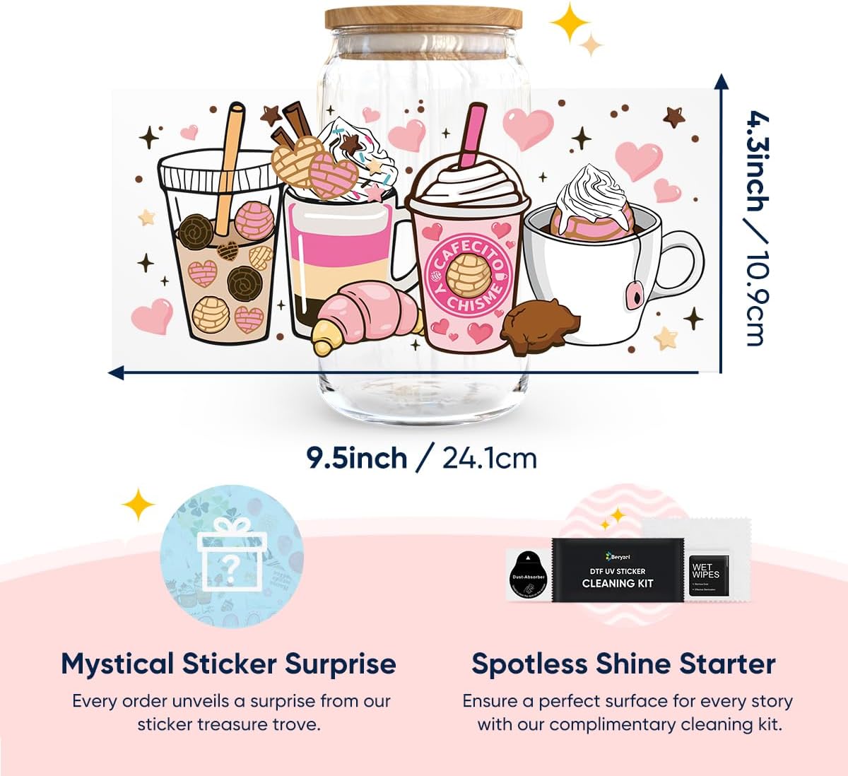 Beryzol Envoltura de taza UV DTF, 9 hojas de café para frotar en transferencias, 1 hojas de patrón misterioso y kit de limpieza, calcomanías de