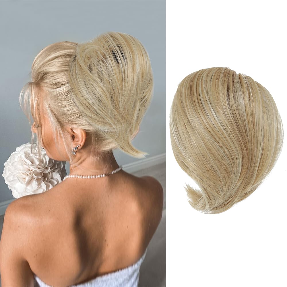 KETHBE Extensiones de pelo sintético corto para cola de caballo, banda elástica de goma para mujeres (CZ-rubio fresa, mezcla de rubio)