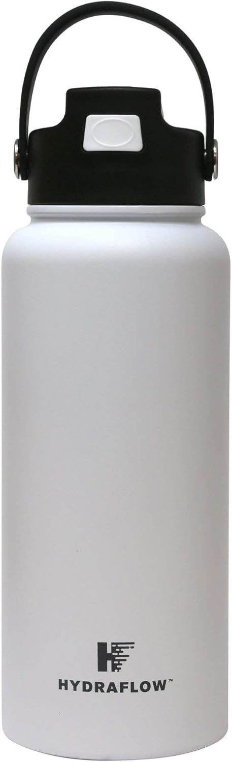 Hydraflow Hybrid – Botella de agua de triple pared aislada al vacío con pajilla abatible (34 onzas, blanco polvo), termo de metal de acero