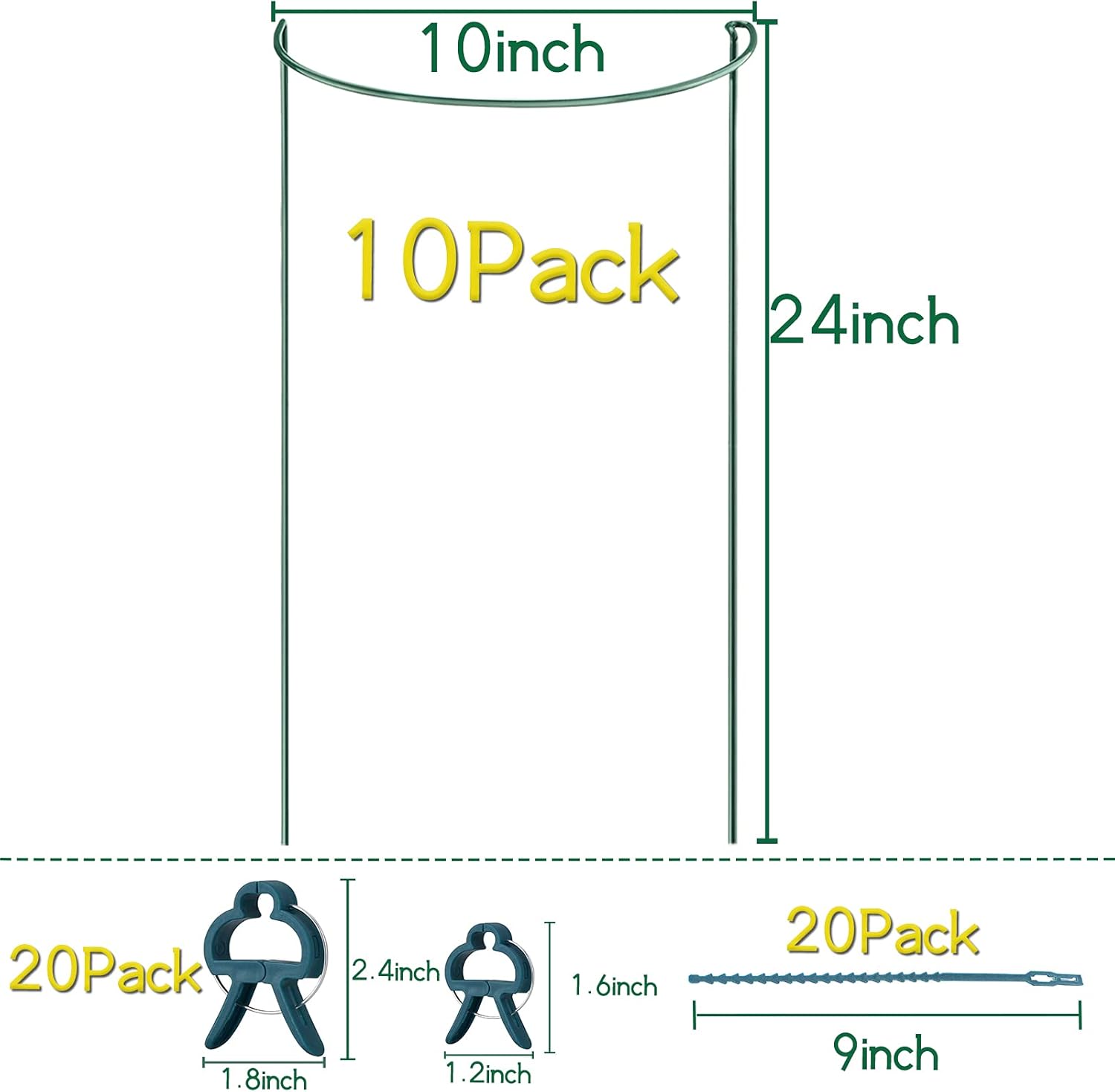 Paquete de 10 estacas de soporte para plantas, jaulas y soportes de peonía de metal de 10 pulgadas de ancho x 24 pulgadas de alto, estacas para