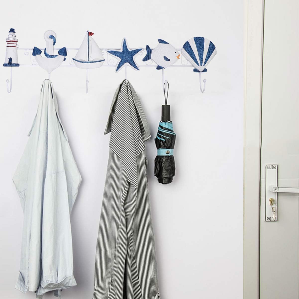 Garneck Ganchos de madera para colgar en la pared, estilo mediterráneo, 6 ganchos, para toallas, abrigos, ropa, llaveros, decoración náutica para el