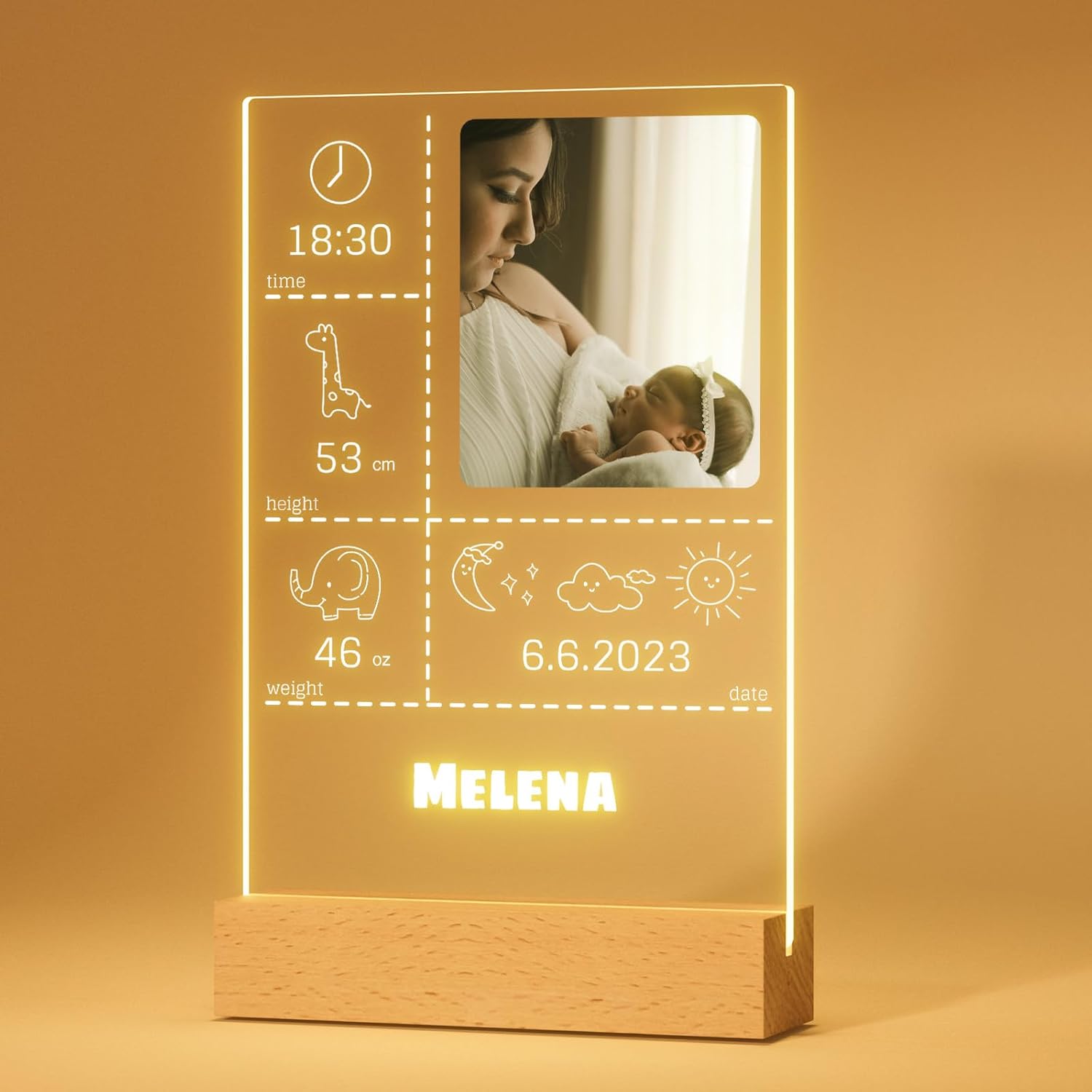 Bemaystar Regalos personalizados para bebés, regalos de bautizo para niñas, luz nocturna personalizada, placa acrílica de estadísticas de nacimiento