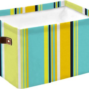 Cesta de almacenamiento a rayas amarillas verde azulado para organizar estantes, cajas de almacenamiento plegables con asa, rayas blancas de arte Cesta de almacenamiento a rayas amarillas verde azulado para organizar estantes, cajas de almacenamiento plegables con asa, rayas blancas de arte