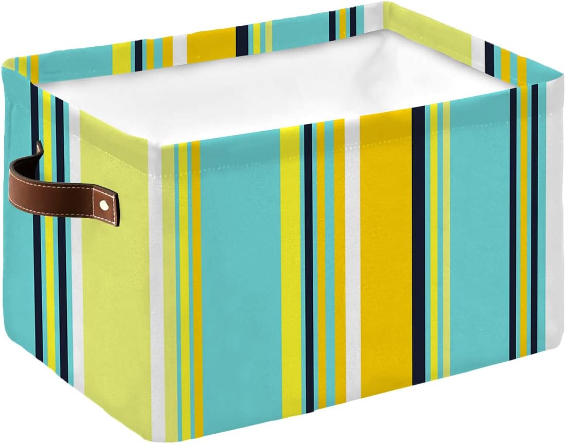 Cesta de almacenamiento a rayas amarillas verde azulado para organizar estantes, cajas de almacenamiento plegables con asa, rayas blancas de arte