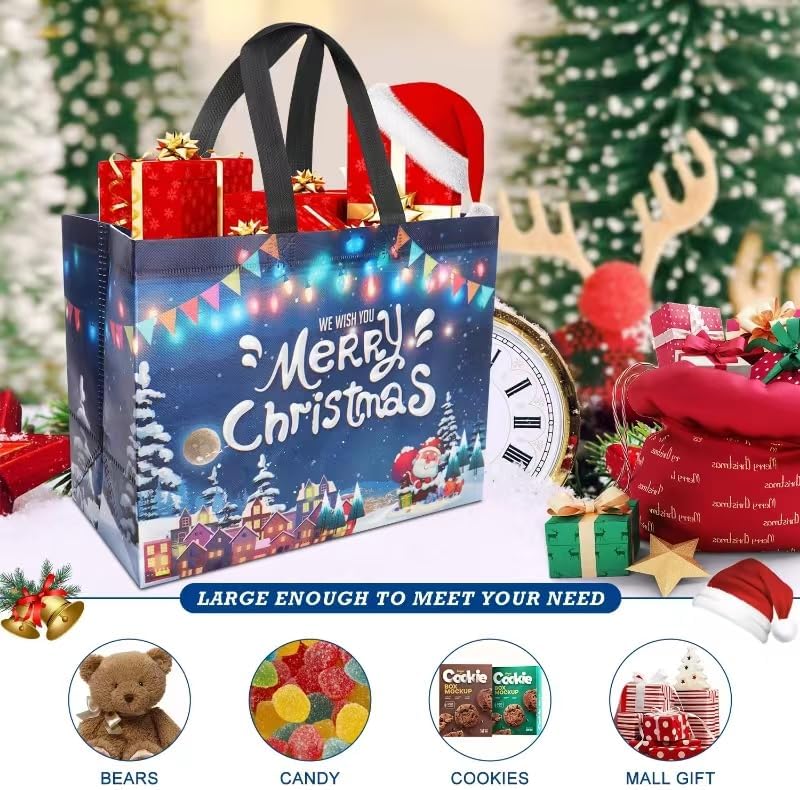 HTRYBNES Paquete de 16 bolsas de regalo de Navidad, grandes bolsas de Navidad reutilizables no tejidas con asas, suministros de fiesta de Navidad,