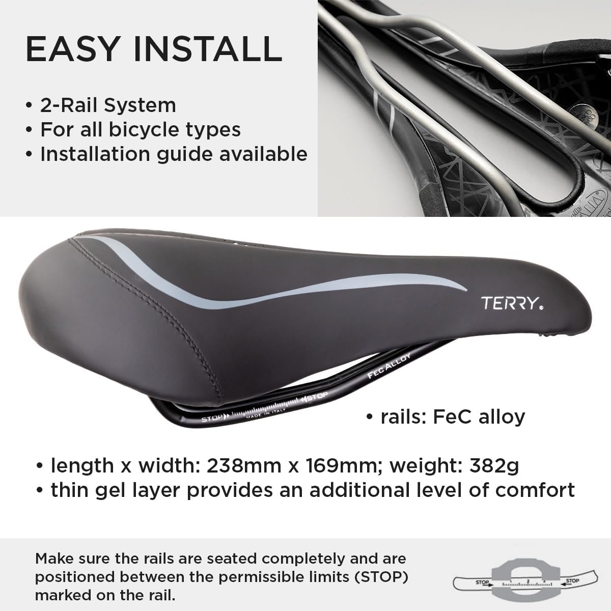 Terry Liberator X Gel Italia – Sillín de bicicleta para mujer, cómoda capa de gel fina debajo de la cubierta sintética Dura-Tek