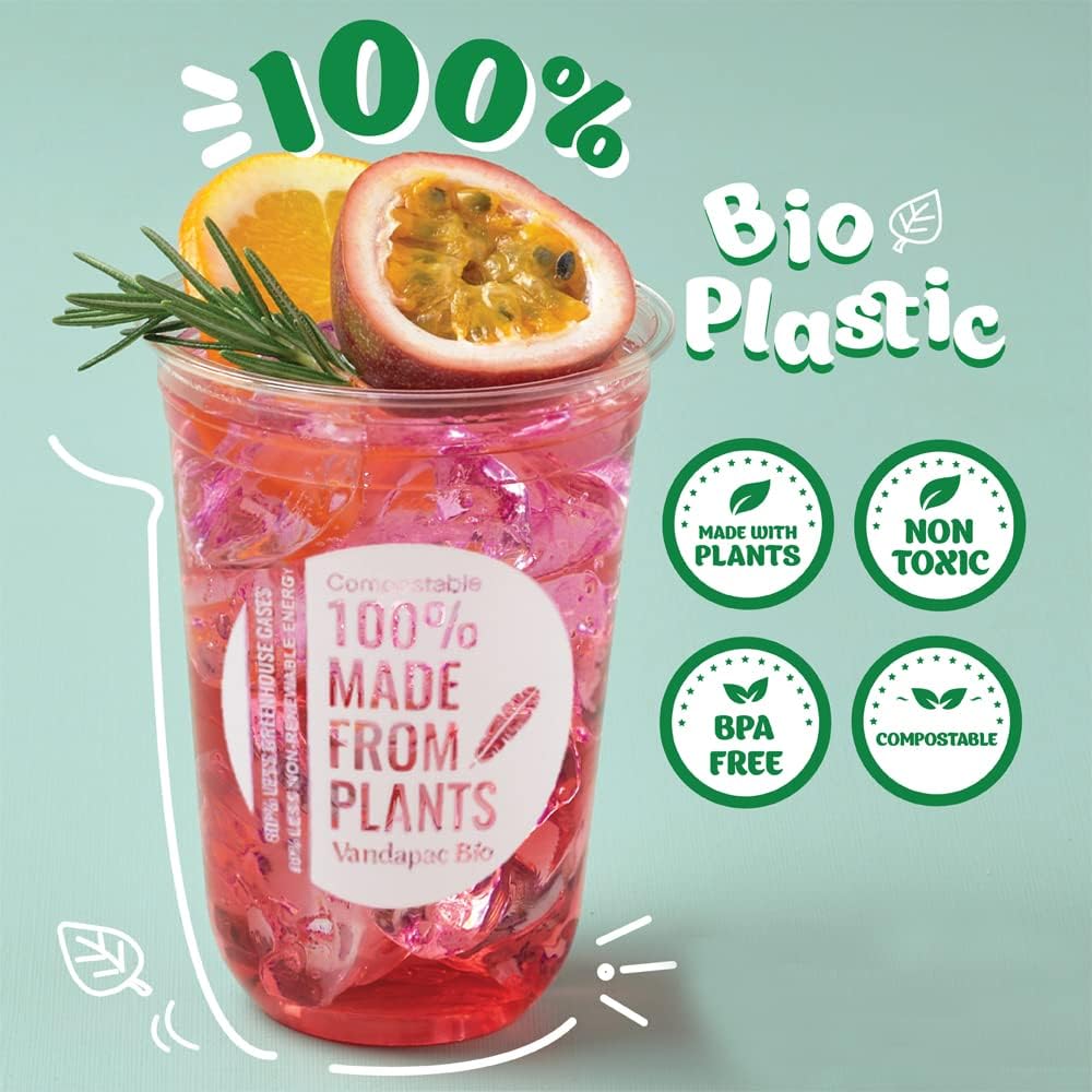 VANDAPAC Vasos compostables Vasos de plástico de 20 oz (16 tazas). Vasos biodegradables que son tazas frías ecológicas. Vasos de plástico