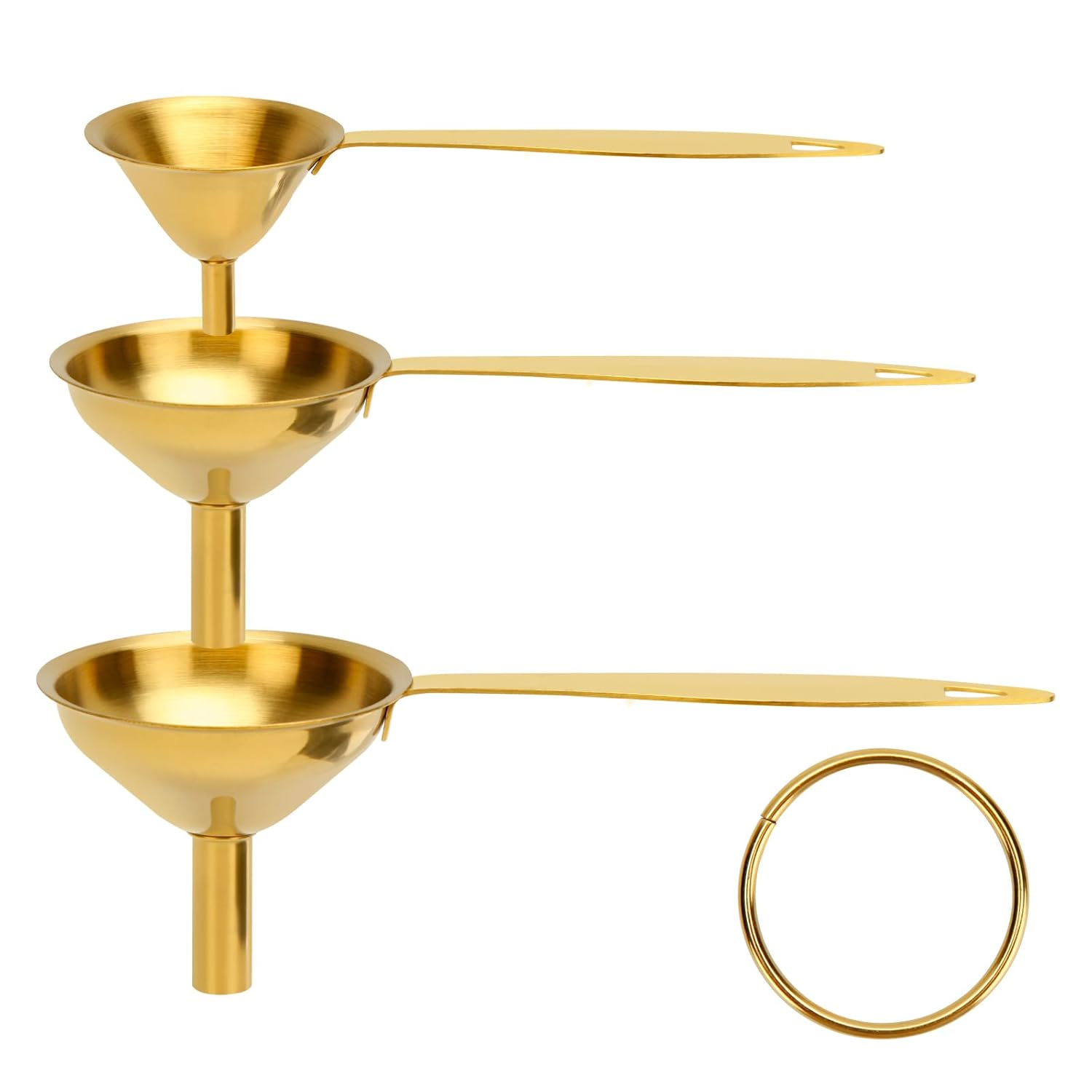 Raings Embudos pequeños para llenar botellas, juego de 3 embudos de cocina de metal de acero inoxidable con diseño de mango largo, mini embudo de