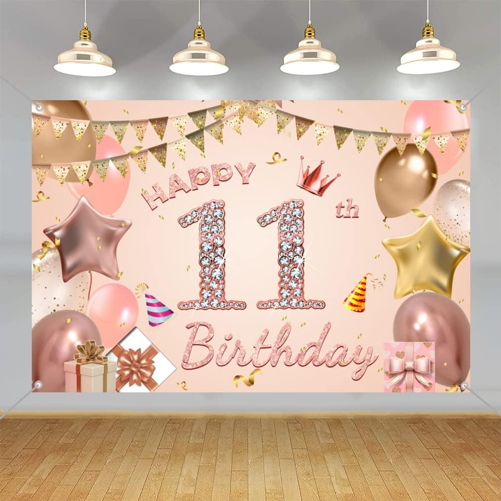 Cartel de tela para decoración de cumpleaños número 11 para niñas de 11 años, cartel de tela para fiesta de cumpleaños de niña, fondo de foto rosa