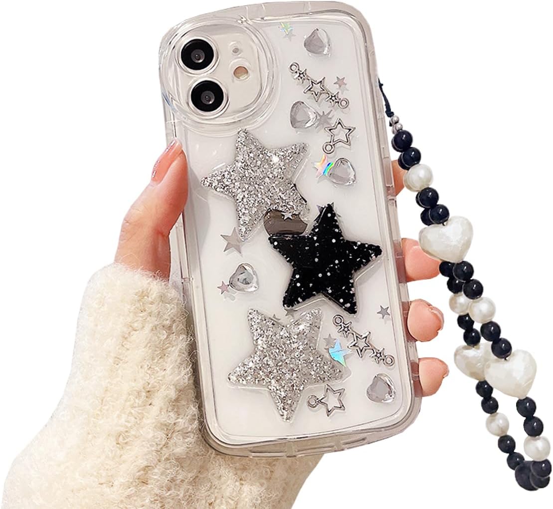 Funda para iPhone 12 con accesorios de cadena de dijes para teléfono, bonita funda 3D brillante con estrellas brillantes y diamantes de imitación