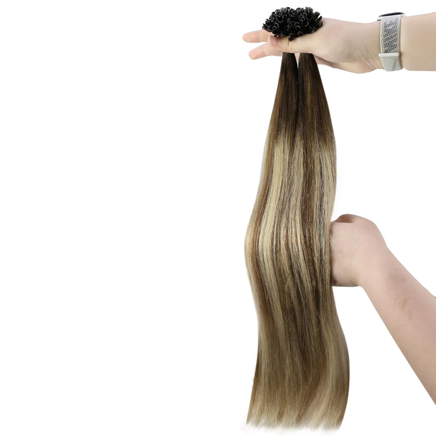 YoungSee Extensiones de cabello balayage con puntas en U, color marrón oscuro, ombré, marrón claro y rubio claro, balayage, con punta en U,