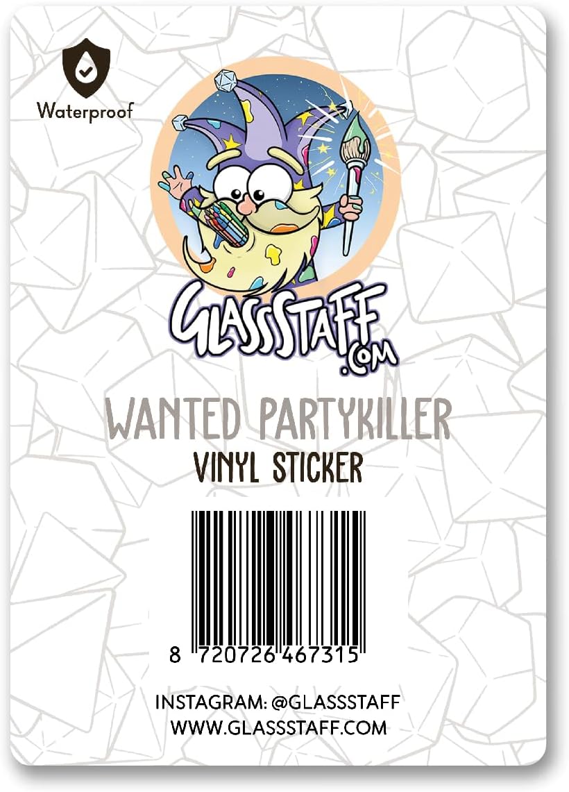 Glassstaff Wanted Partykiller DND – Calcomanías divertidas de Calabozos y Dragones para hombres y mujeres – Calcomanías geniales para adolescentes y
