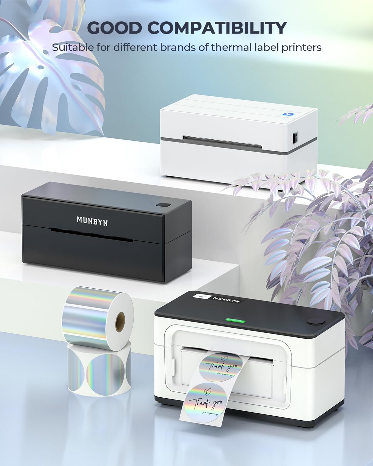 MUNBYN Etiquetas adhesivas térmicas holográficas circulares de 2 pulgadas, etiquetas adhesivas redondas imprimibles para impresora térmica con