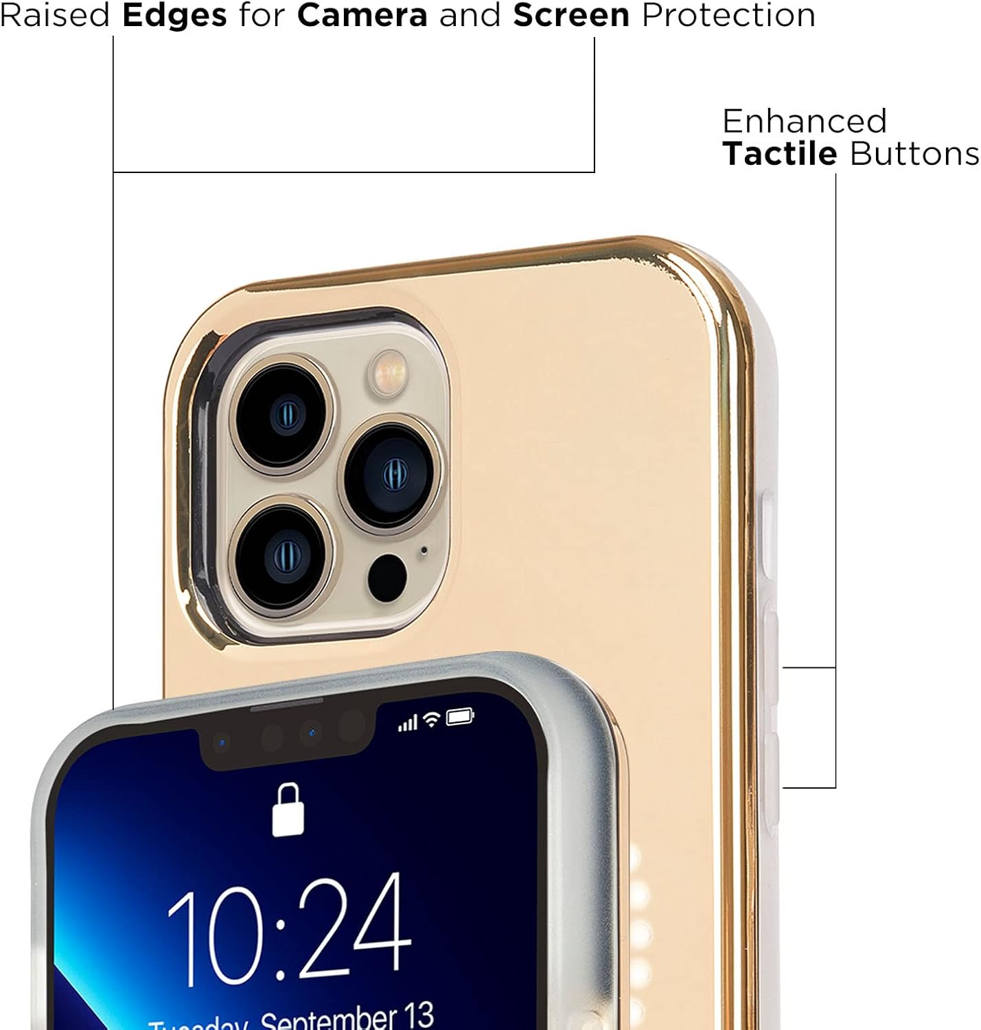 LuMee Halo – Funda iluminada para selfie para iPhone 13 Pro Max – Iluminación LED ajustable incorporada – 6.7 pulgadas – Espejo dorado
