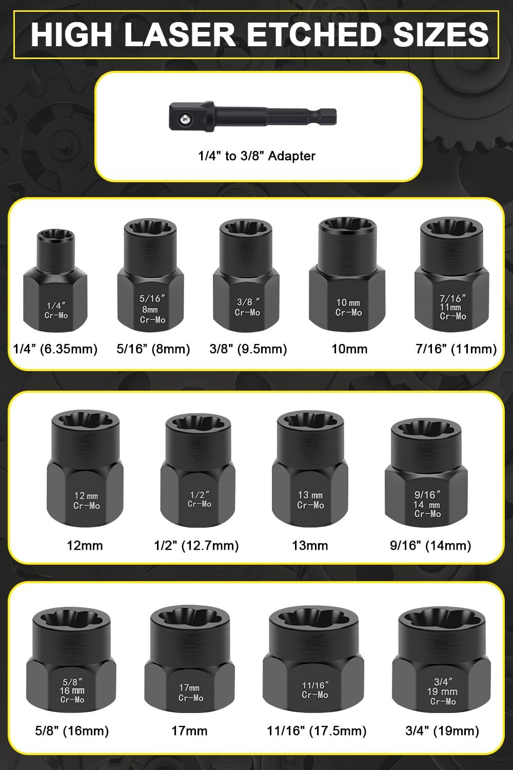 Lytool Kit extractor de pernos, juego de 13 piezas de extractor de pernos de impacto y tuercas con adaptador de 38 pulgadas, removedor de tuercas