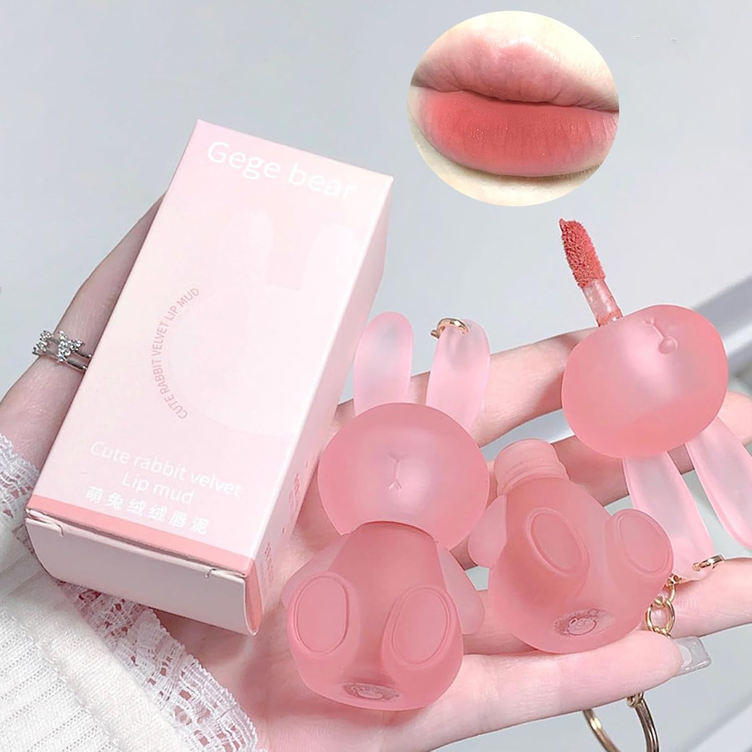 Juego de lápices labiales líquidos de terciopelo mate de 6 colores, lindo esmalte de labios de conejo 2 en 1, llavero para brillo de labios, tinte