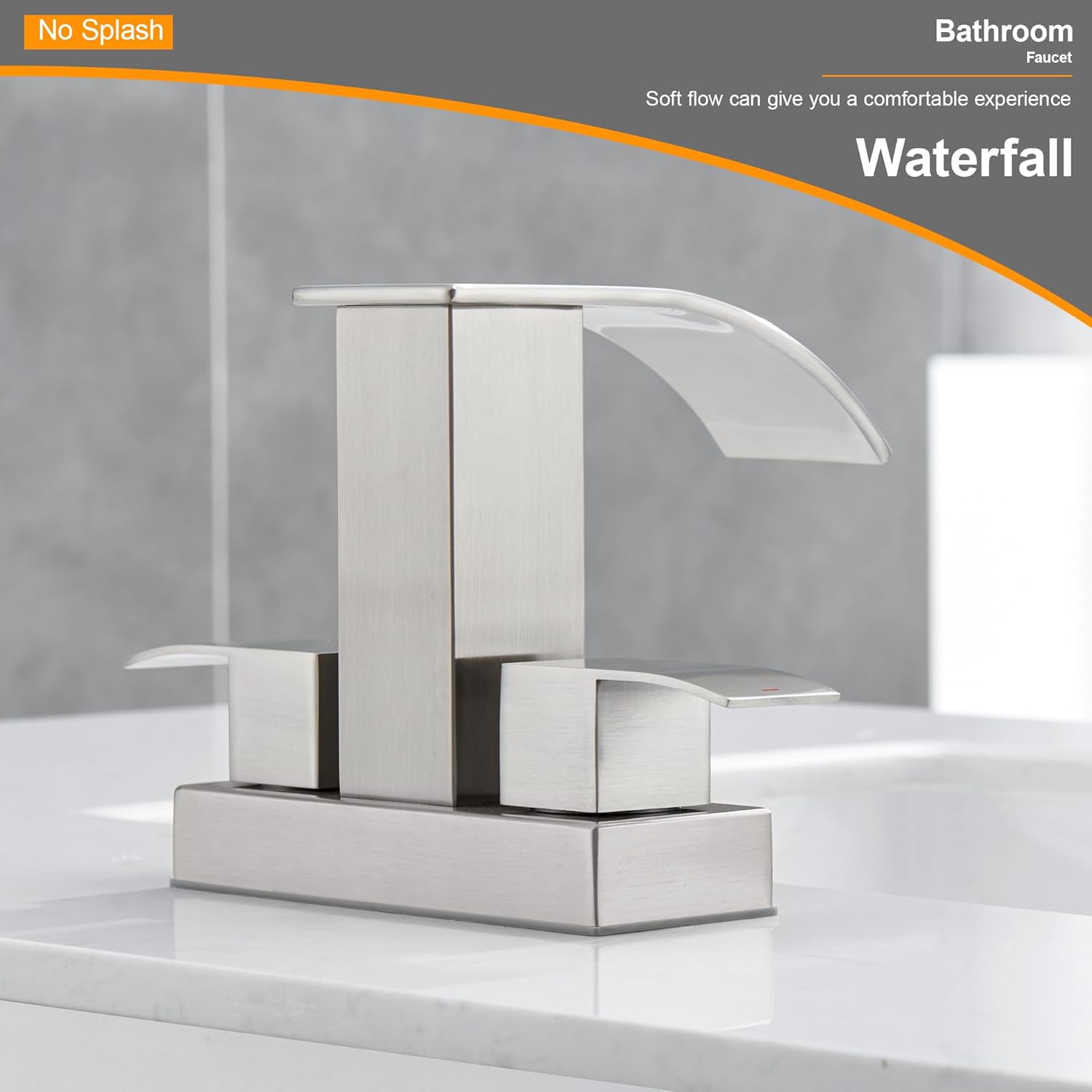 Grifo de baño de cascada de 2 manijas de níquel cepillado con drenaje desplegable, grifo de 2 agujeros para fregadero central de 4 pulgadas, grifo