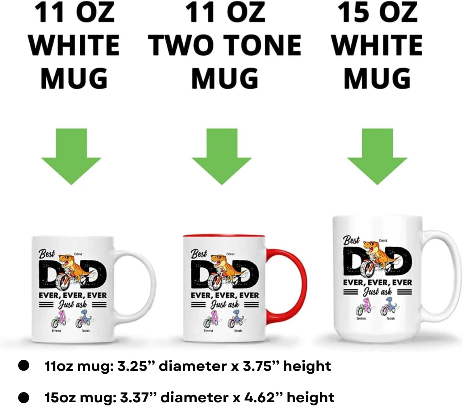 Gossby Taza de café personalizada con texto en inglés “Best Dad Ever” (2 niños)  Taza de papá para papá, esposo  Taza personalizada de 11 onzas y 15
