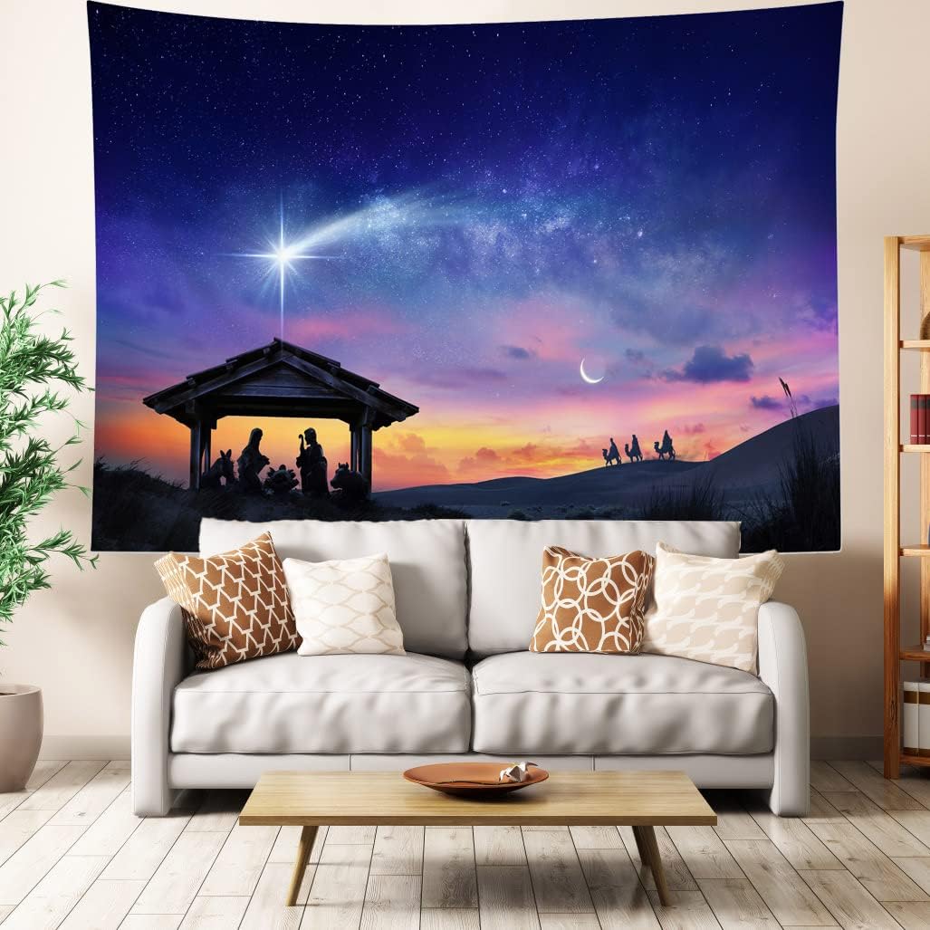 LB Tapiz de Natividad de Jesús, tres hombres sabios, tapiz para colgar en la pared, tapiz de estrella de Belén, póster cristiano de Navidad para