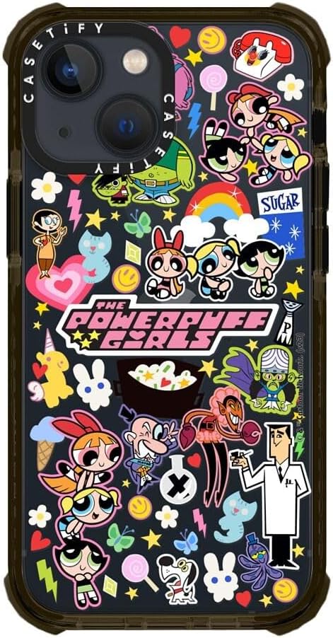 CASETiFY Funda Ultra Impact para iPhone 13 Mini Co-Lab  protección contra caídas de 9.8 pies  The Powerpuff Girls Stickermania – Negro transparente