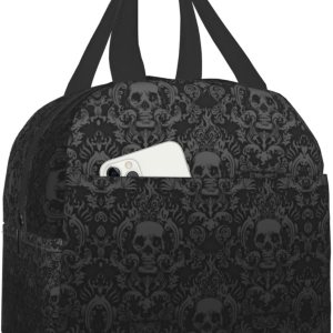 Bolsa de almuerzo aislada de calavera negra gótica con bolsillos, para mujeres y hombres, reutilizable, portátil, térmica, para el trabajo, picnic, Bolsa de almuerzo aislada de calavera negra gótica con bolsillos, para mujeres y hombres, reutilizable, portátil, térmica, para el trabajo, picnic,