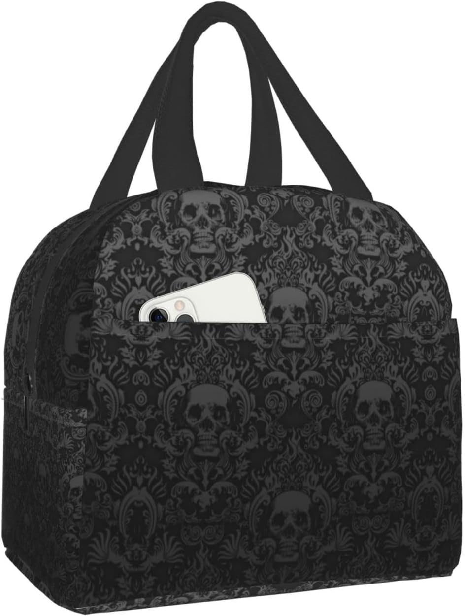 Bolsa de almuerzo aislada de calavera negra gótica con bolsillos, para mujeres y hombres, reutilizable, portátil, térmica, para el trabajo, picnic,