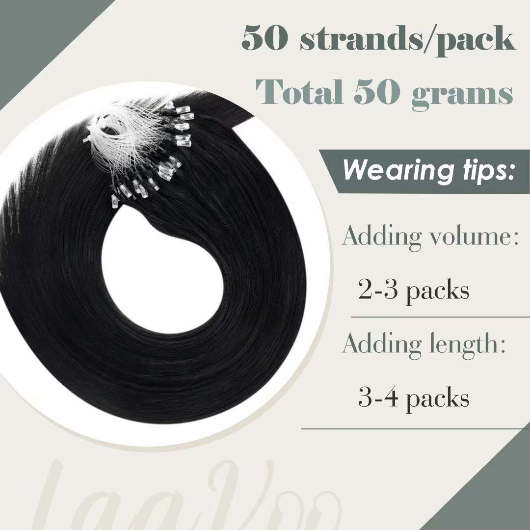 LaaVoo Micro Link Extensiones de cabello humano negro azabache, extensiones de cabello de micro cuentas de fusión fría, 24 pulgadas, extensiones de