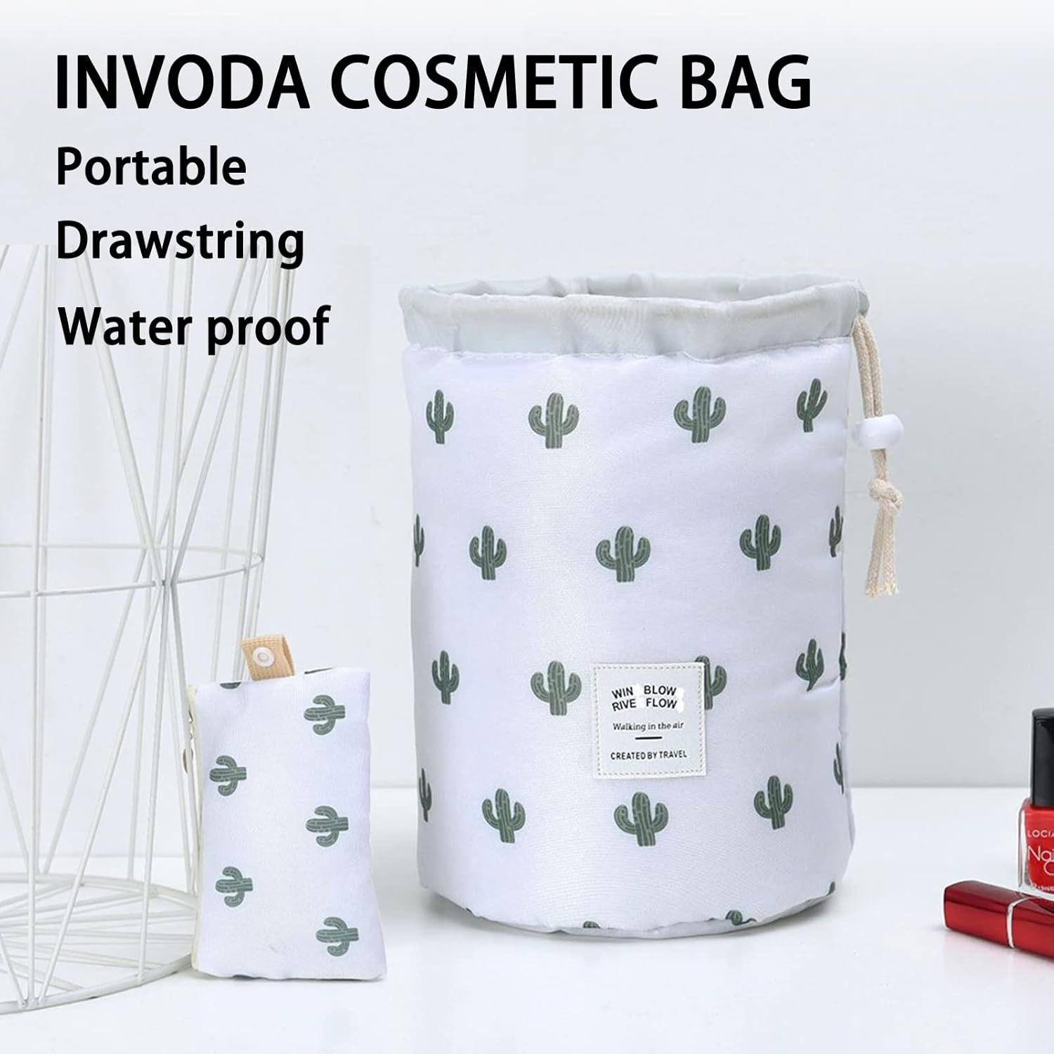 INVODA Bolsa de cosméticos de viaje para mujer, organizador de maquillaje con cordón, portátil, multifuncional, impermeable, bolsa de barril de