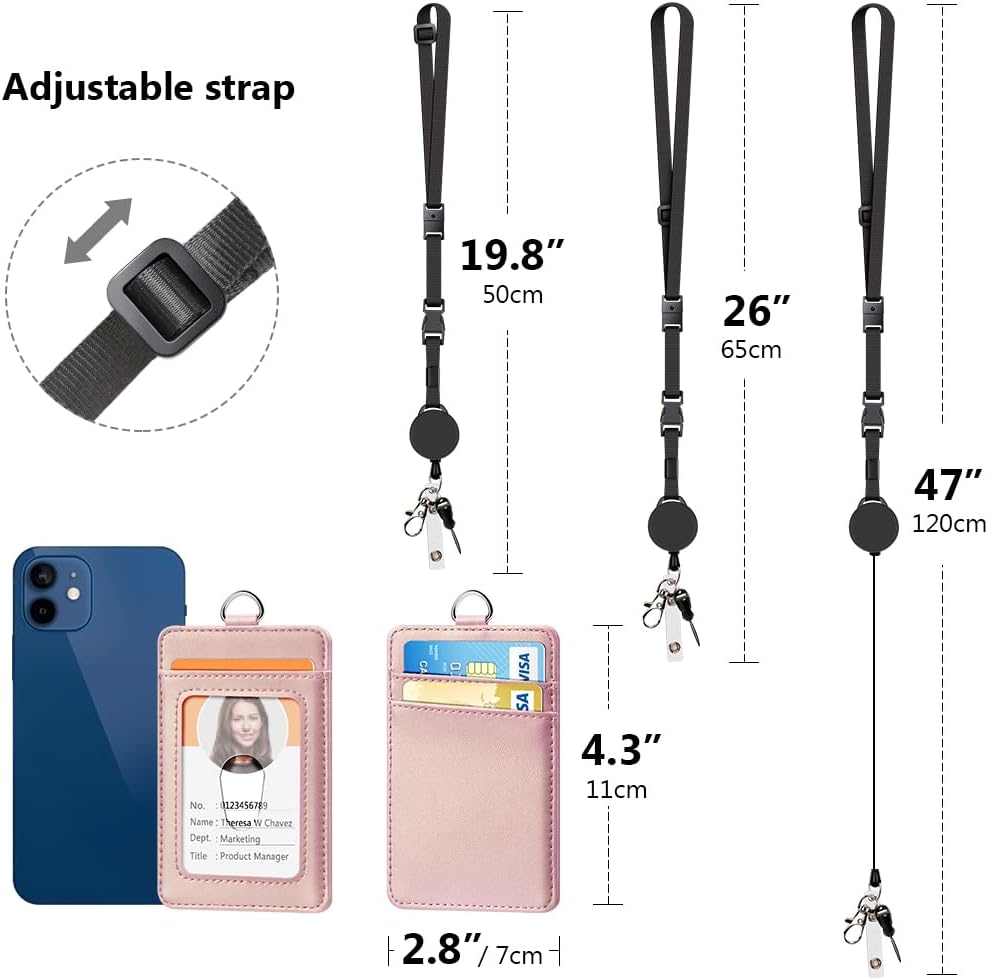 Soporte de cuero para tarjetas y cordones retráctiles ajustables, hebilla de liberación rápida y cordones de seguridad con cierre de metal giratorio