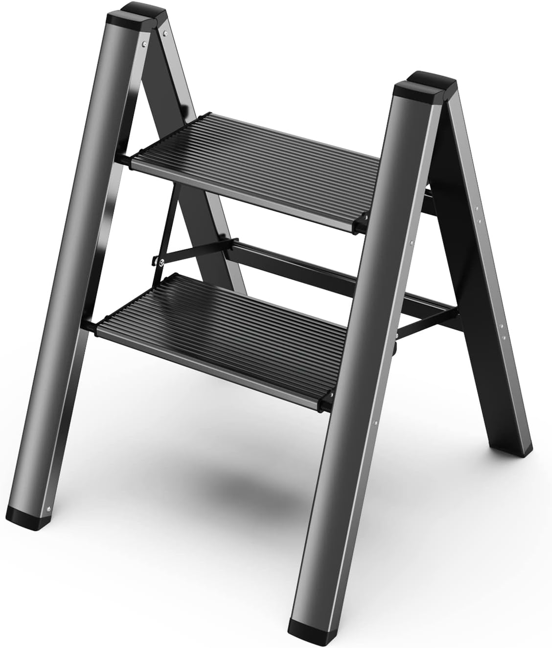 GameGem Escalera de 2 escalones, taburete plegable de aluminio de 2 escalones con pedal antideslizante resistente y ancho, escalera de mano ligera y