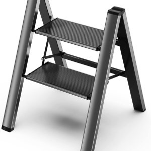 GameGem Escalera de 2 escalones, taburete plegable de aluminio de 2 escalones con pedal antideslizante resistente y ancho, escalera de mano ligera y GameGem Escalera de 2 escalones, taburete plegable de aluminio de 2 escalones con pedal antideslizante resistente y ancho, escalera de mano ligera y