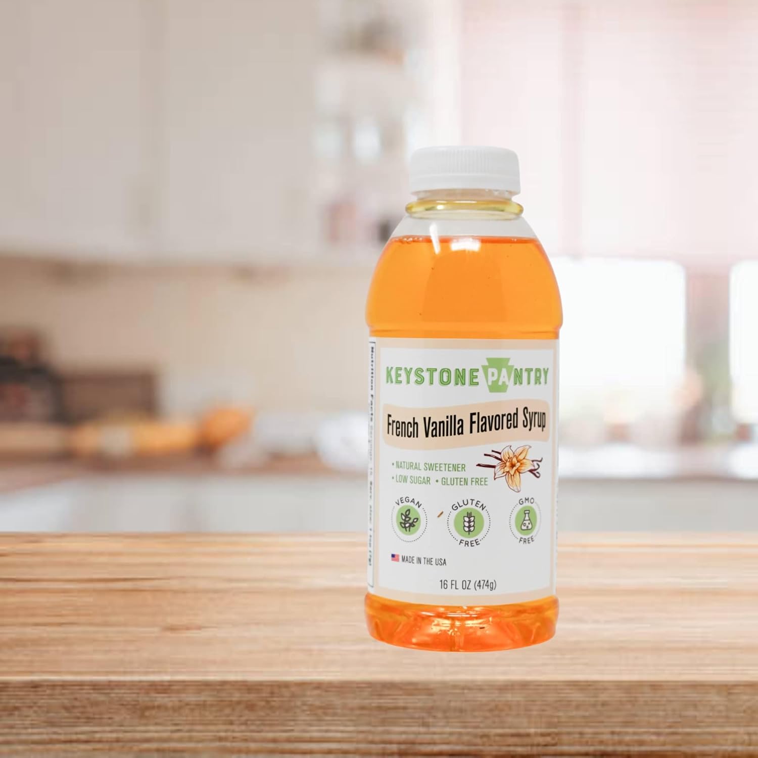 Keystone Pantry Jarabe con sabor a vainilla francesa, botella de 1 pinta de edulcorante natural, bajo en azúcar, sin gluten, vegano, sin OMG, Kosher