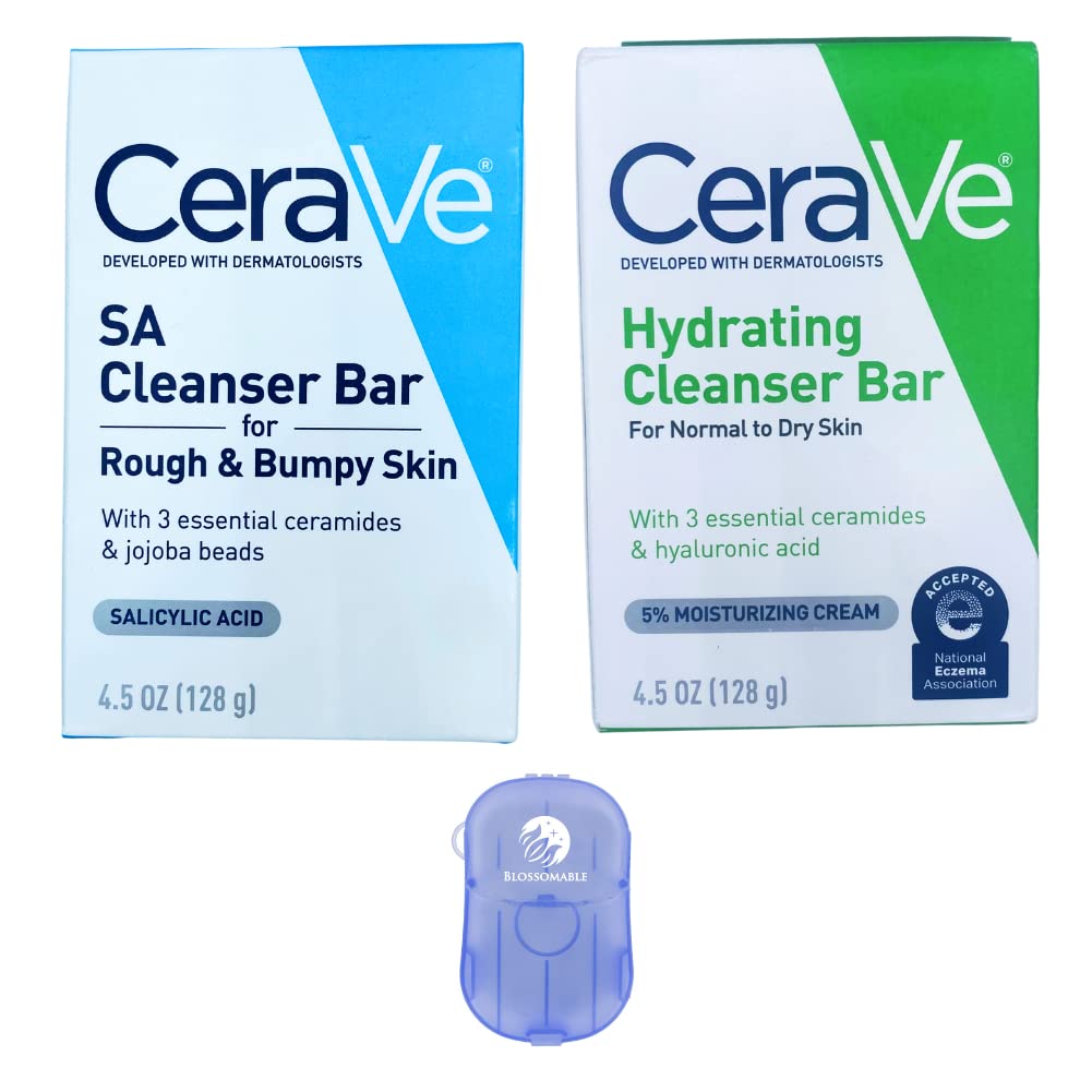 CeraVe SA – Barra limpiadora y barra limpiadora hidratante con jabón desechable florecible con 3 ceramidas esenciales, cuentas de jojoba y ácido