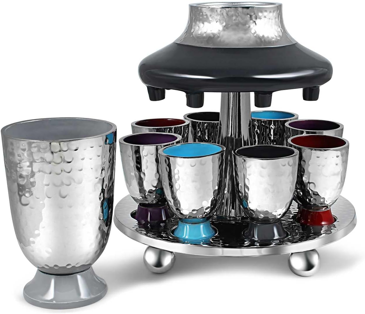 Elegant Display Kidush Cup Juego de fuente de vino  Metal martillado con detalles de esmalte  Copa grande, 8 tazas de chupito para Shabat, Pascua,
