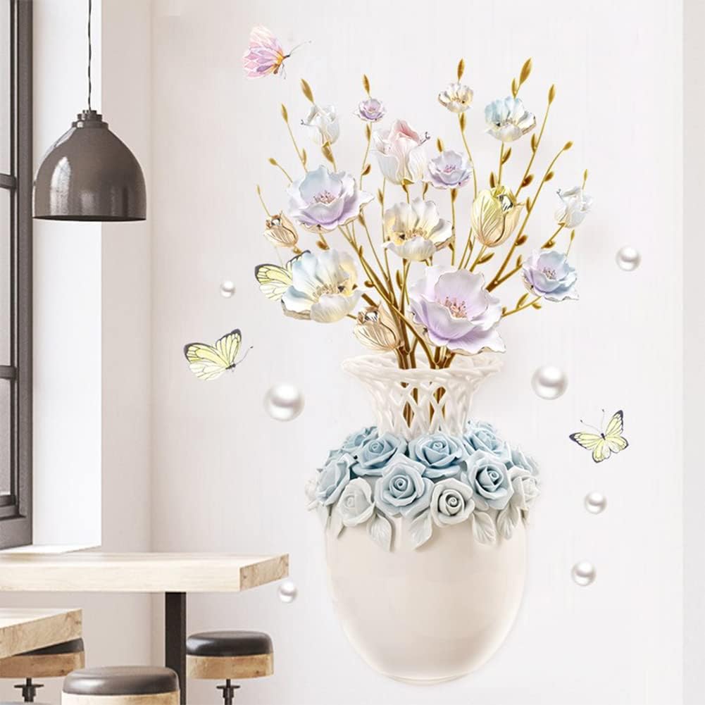 Calcomanías de pared de flores de colores en relieve, jarrón 3D, autoadhesivas, impermeables, papel de pared extraíble, decoración de pared para
