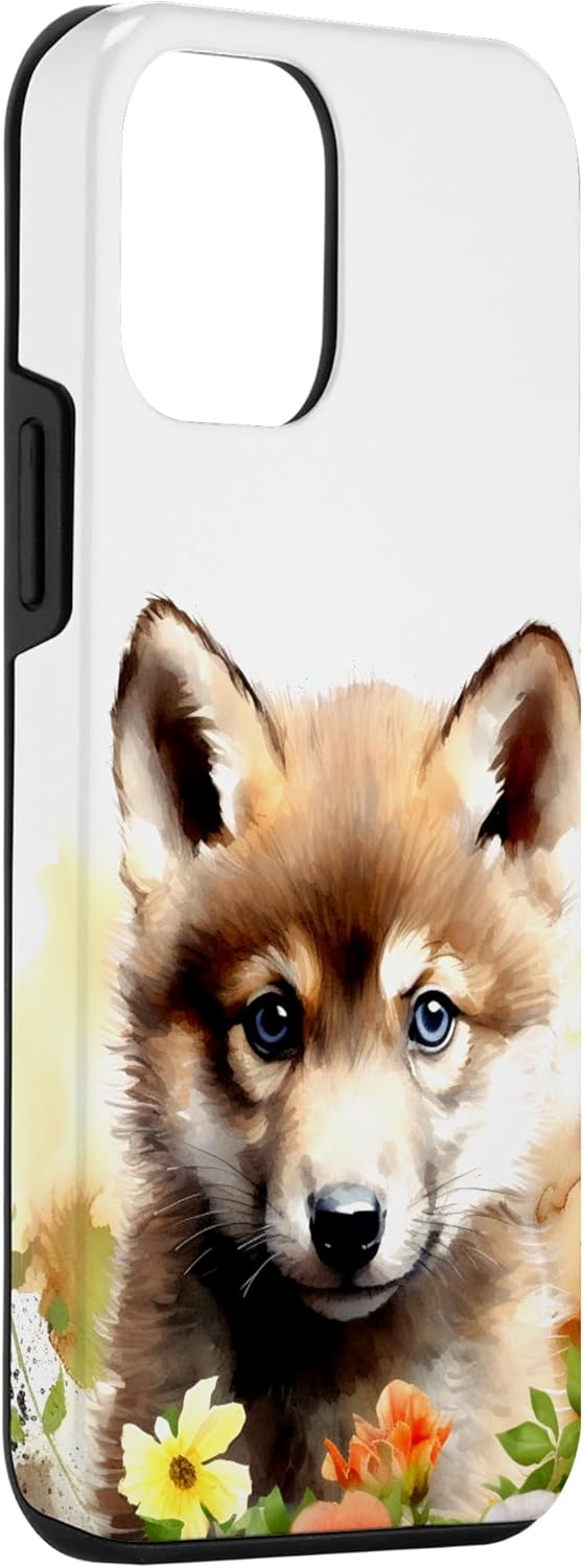 iPhone 12 mini Wolf Cub con flores Baby Wolf Lover Naturaleza Wildlife Design Case