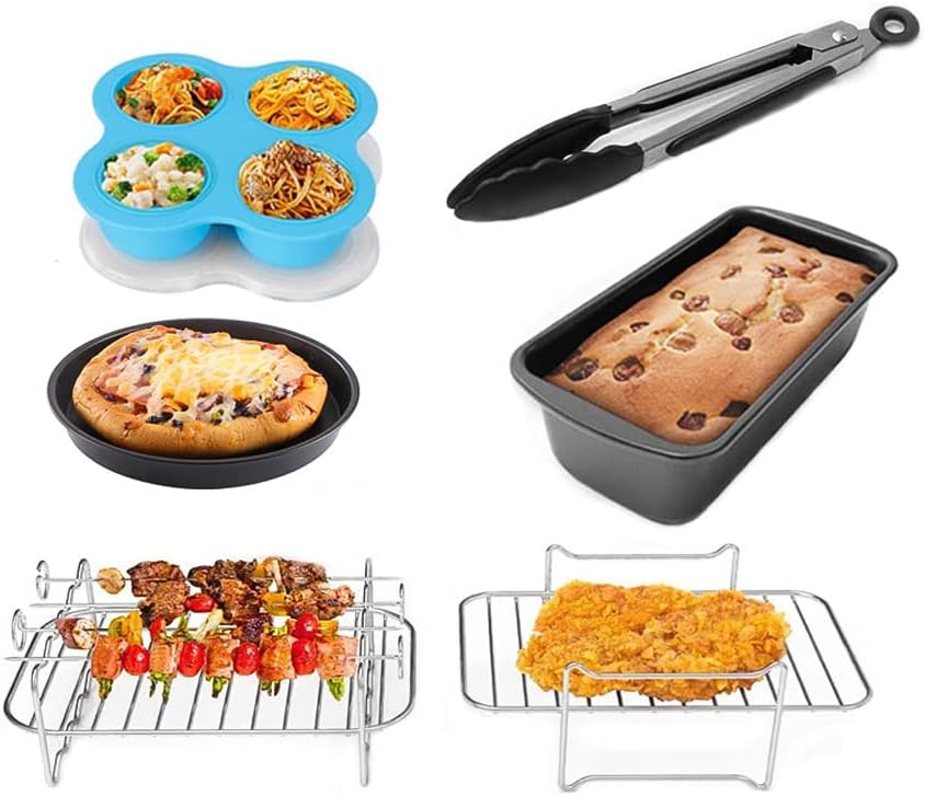 Juego de 6 accesorios antiadherentes para freidora de aire de 8 pulgadas, barril para hornear, pizza, cupcakes, brocheta, tostadas, pinzas de