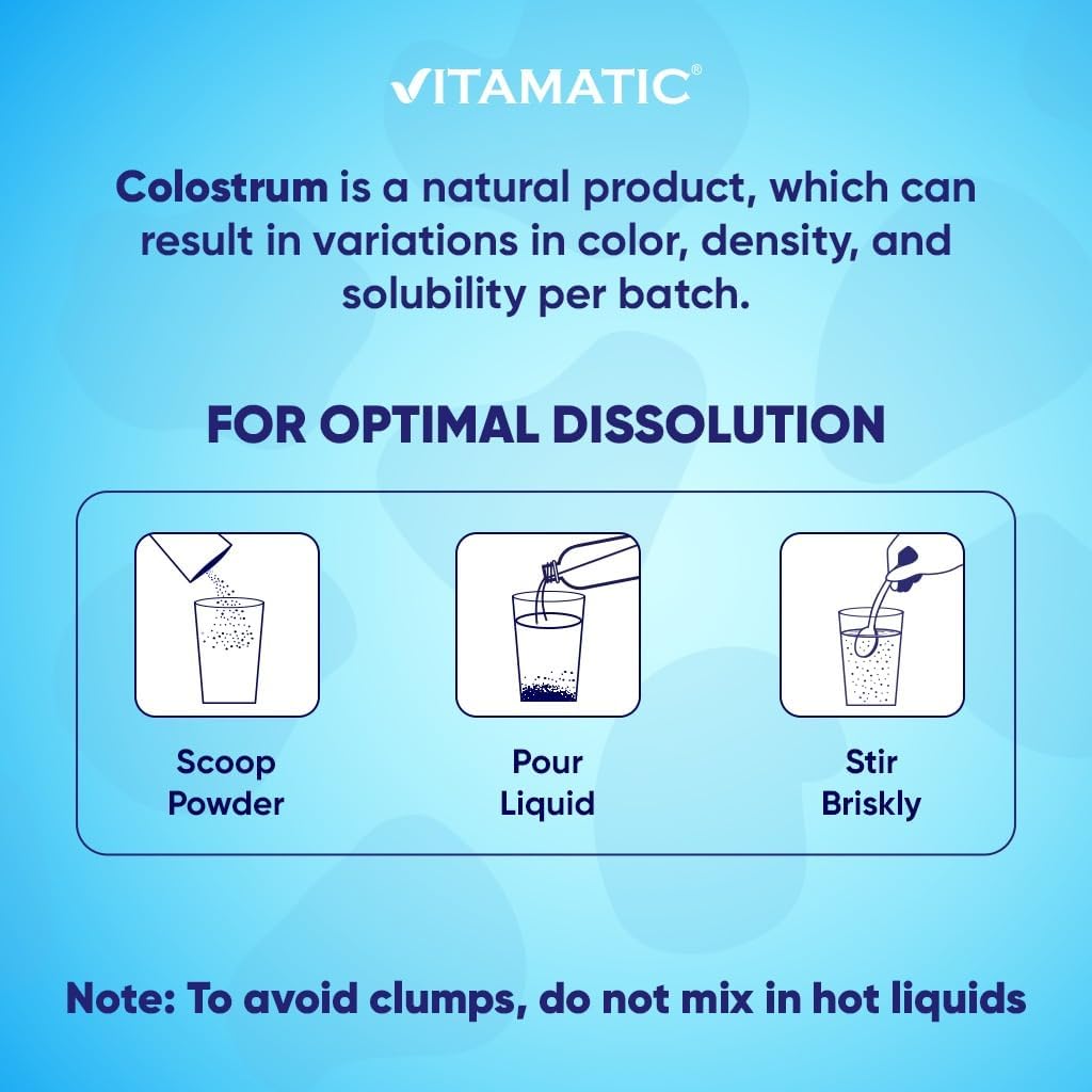 Vitamatic Polvo de calostro bovino  50% más alto de IgG  Suplemento para la salud intestinal, crecimiento del cabello, belleza, recuperación