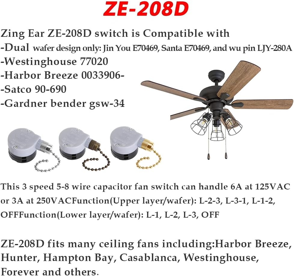 Interruptor de ventilador de techo Zing Ear ZE-208D Control de 3 velocidades 5-8 cables Interruptor de cadena de tracción Accesorios Accesorios