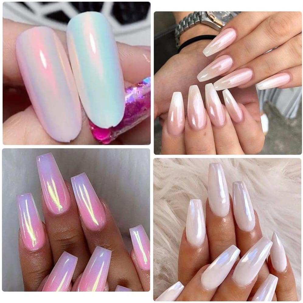 Brillo de uñas en polvo cromado perlado, polvo iridiscente blanco aurora cromo frotar polvo neón sirena espejo pigmento arco iris holográfico