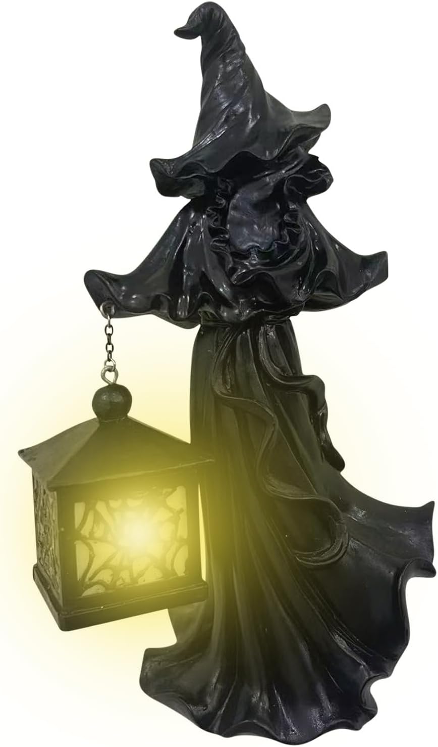Bruja de Halloween 2023 con decoración de linterna LED, elegante figura de bruja de resina negra, mensajero del infierno aterrador con linterna,
