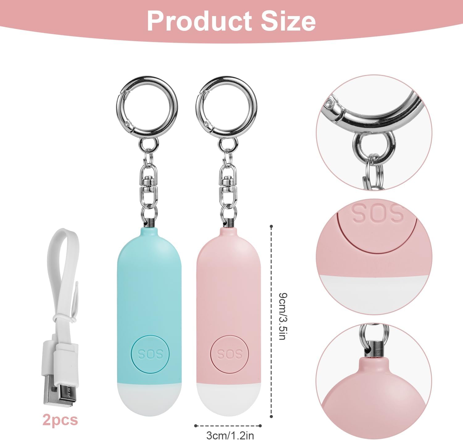2 unidades de alarma personal recargable de seguridad para mujeres, viajan 130 dB en voz alta con botón SOS y luz estroboscópica, sonido de sirena