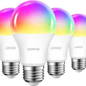 ANWIO Paquete de 4 bombillas inteligentes de 8.5 W (reemplazo de 60 W) A19 E26 bombilla LED funciona con Alexa, Google Assistant, aplicación Smart ANWIO Paquete de 4 bombillas inteligentes de 8.5 W (reemplazo de 60 W) A19 E26 bombilla LED funciona con Alexa, Google Assistant, aplicación Smart