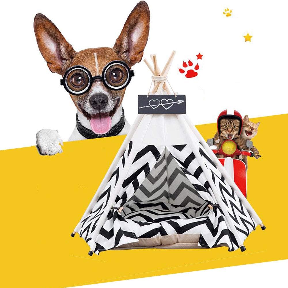Tienda de campaña tipi para mascotas, para perros, cachorros, gatos, lona blanca, linda casa tipi para mascotas con cojín, 24 pulgadas, interior y